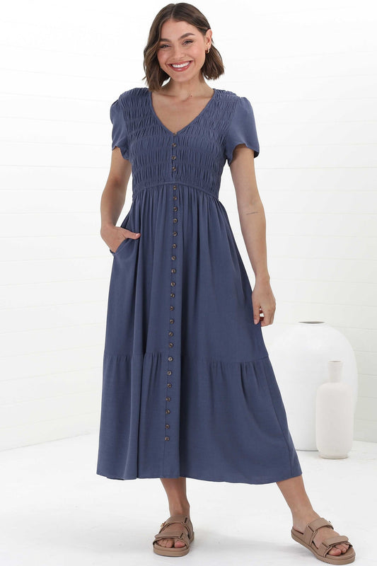 Stephan Midi Dress - Cap Sleeve Tortoiseshell Button-Down Tiered Dress In Navy