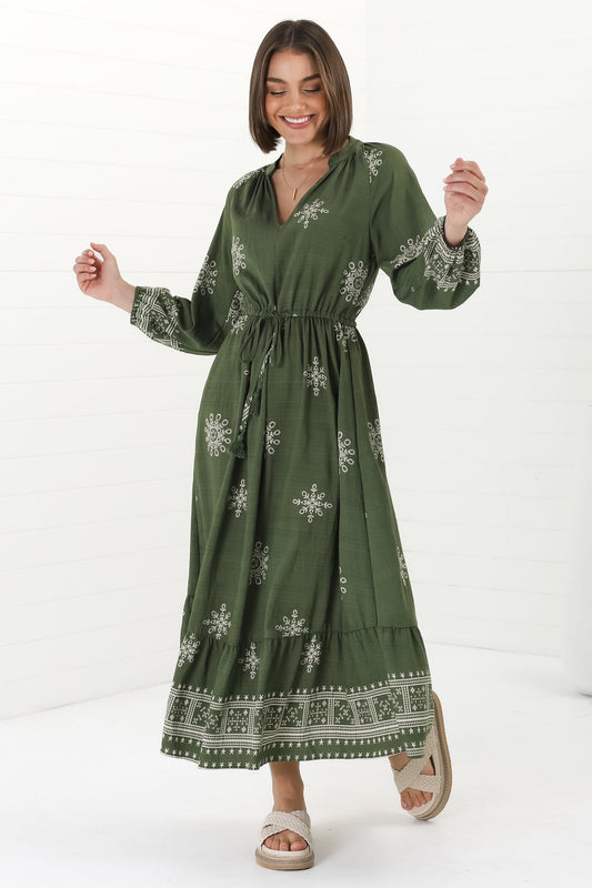 Sullivan Midi Dress - Mandarin Collar 3/4 Sleeve Dress With Pull Tie Waist In Lula Print Green