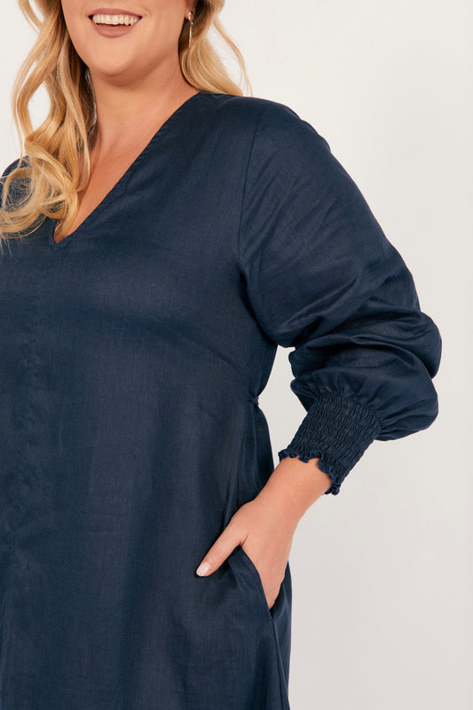 Tamara Long Sleeve Linen Dress in Navy