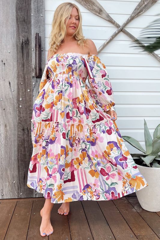 Jaase - Tulli Midi Dress: Shirred Bodice Balloon Sleeve Midi In Sweet Lily Print