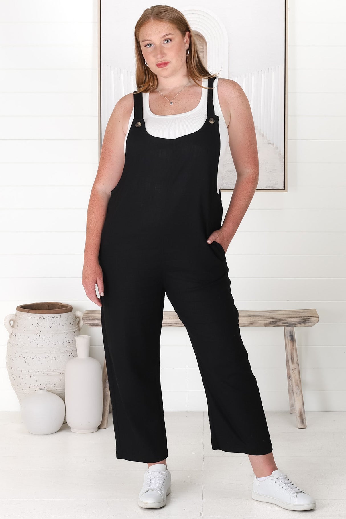 Tulum Jumpsuit - Linen Blend Overalls Pockets In Black