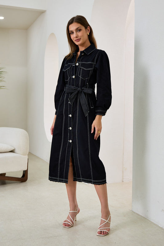 Cleo Black Button Down Belted Midi Dress