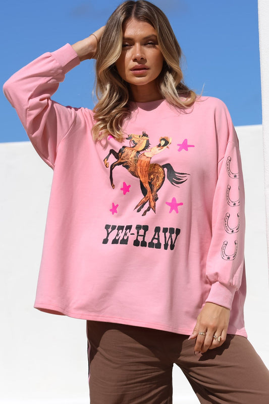 Yee-Haw Set - Graphic Long Sleeve Top And Pants With Stripe Accent In Pink