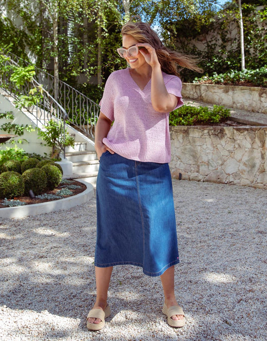 Scallop Edge Denim Skirt - Mid Blue Wash