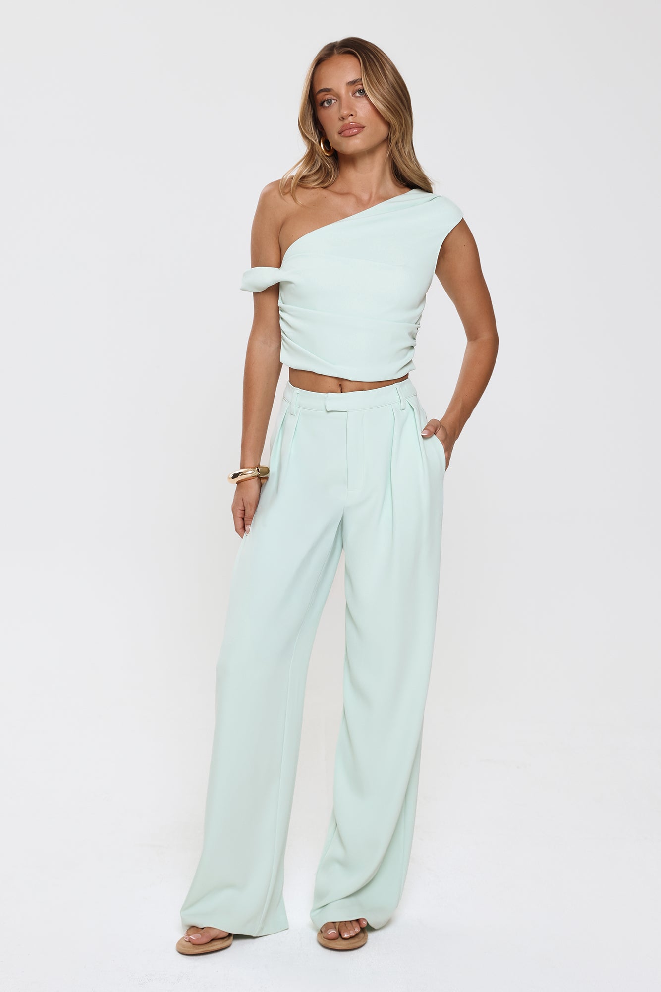 Linear Mood High Rise Straight Leg Tailored Pants Mint