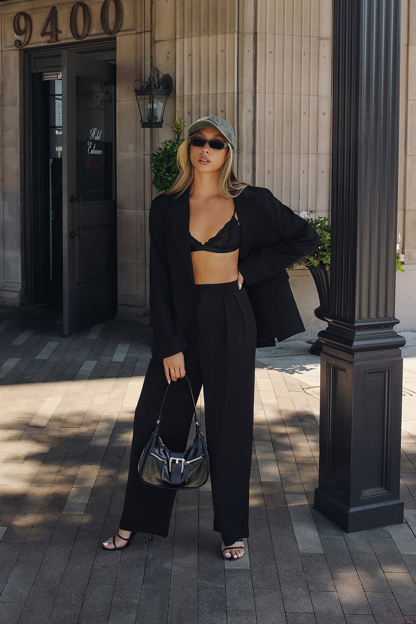 Linear Mood High Rise Straight Leg Tailored Pants Black