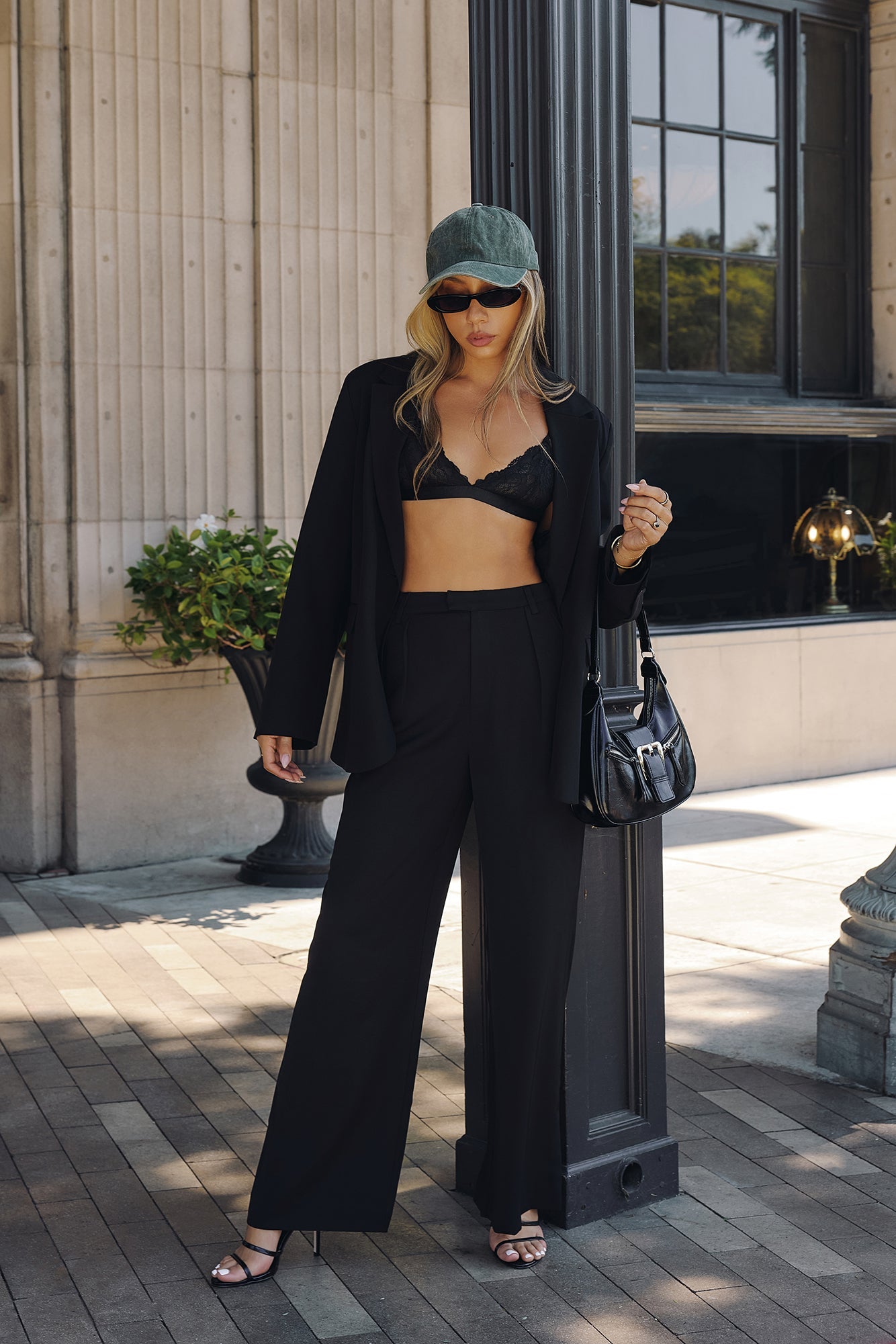 Linear Mood High Rise Straight Leg Tailored Pants Black