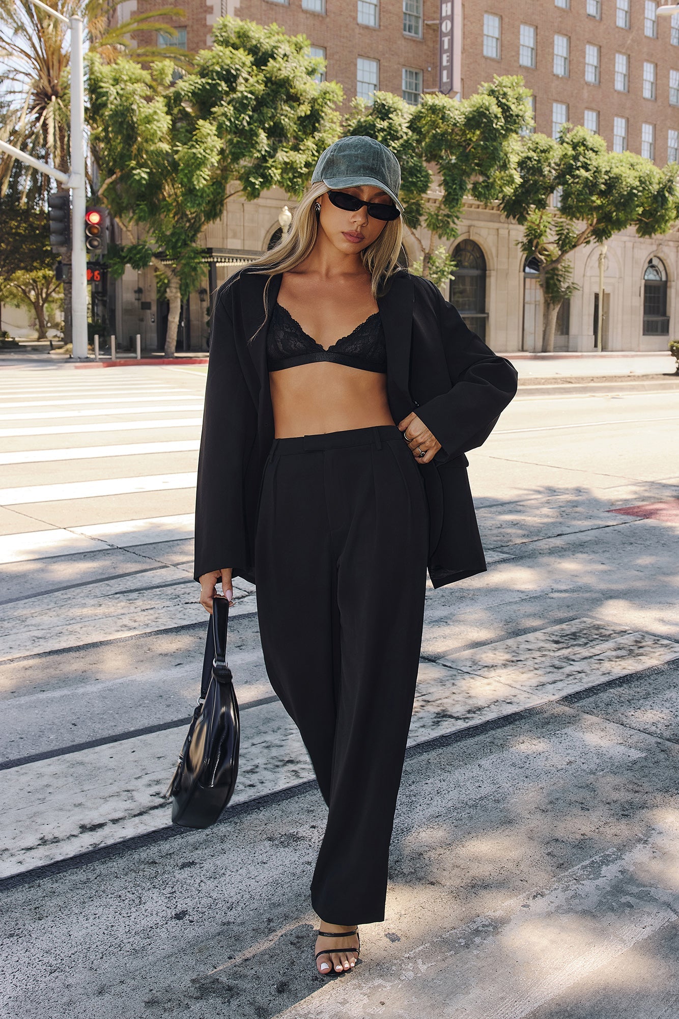 Linear Mood High Rise Straight Leg Tailored Pants Black