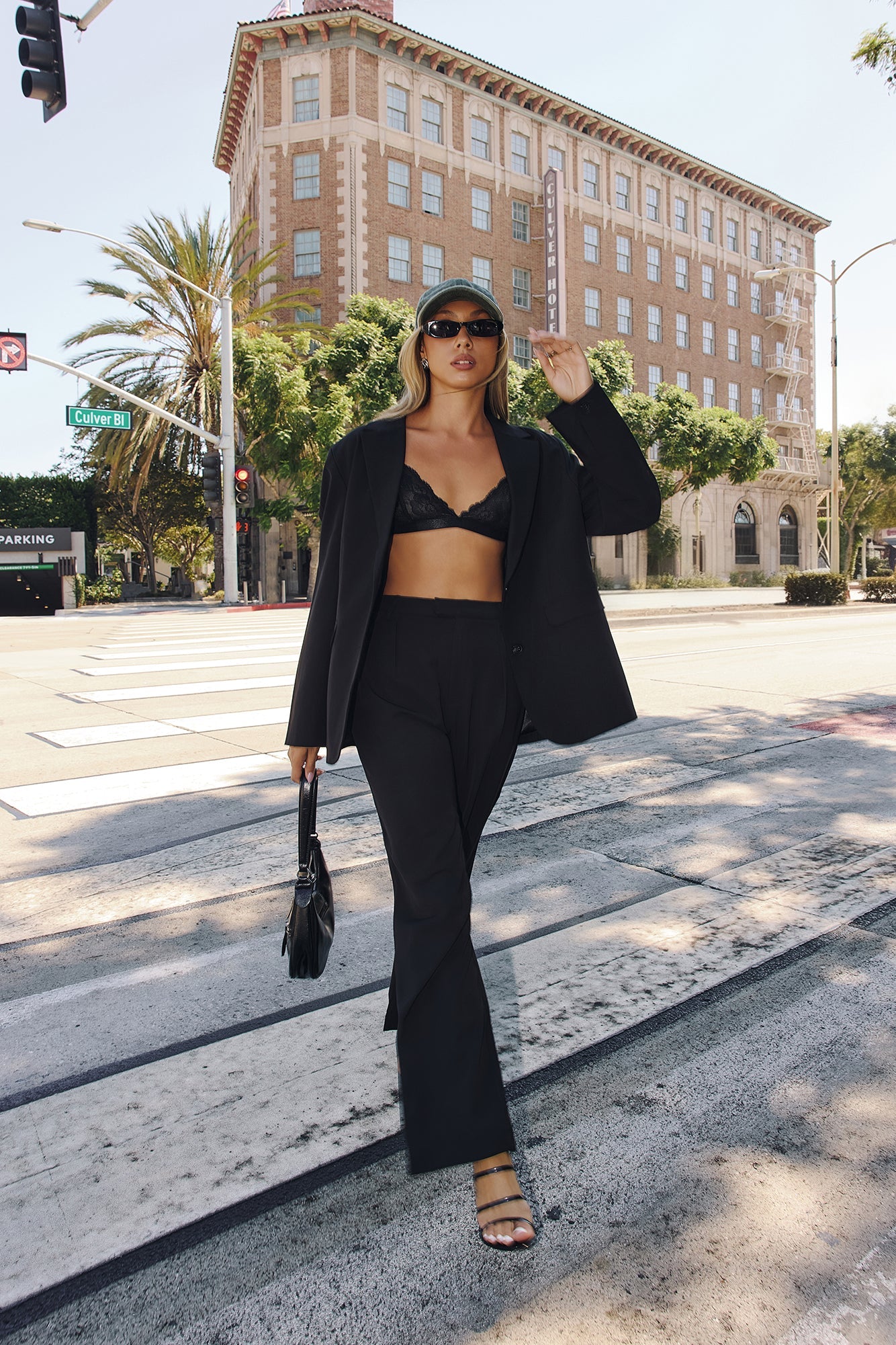 Linear Mood High Rise Straight Leg Tailored Pants Black