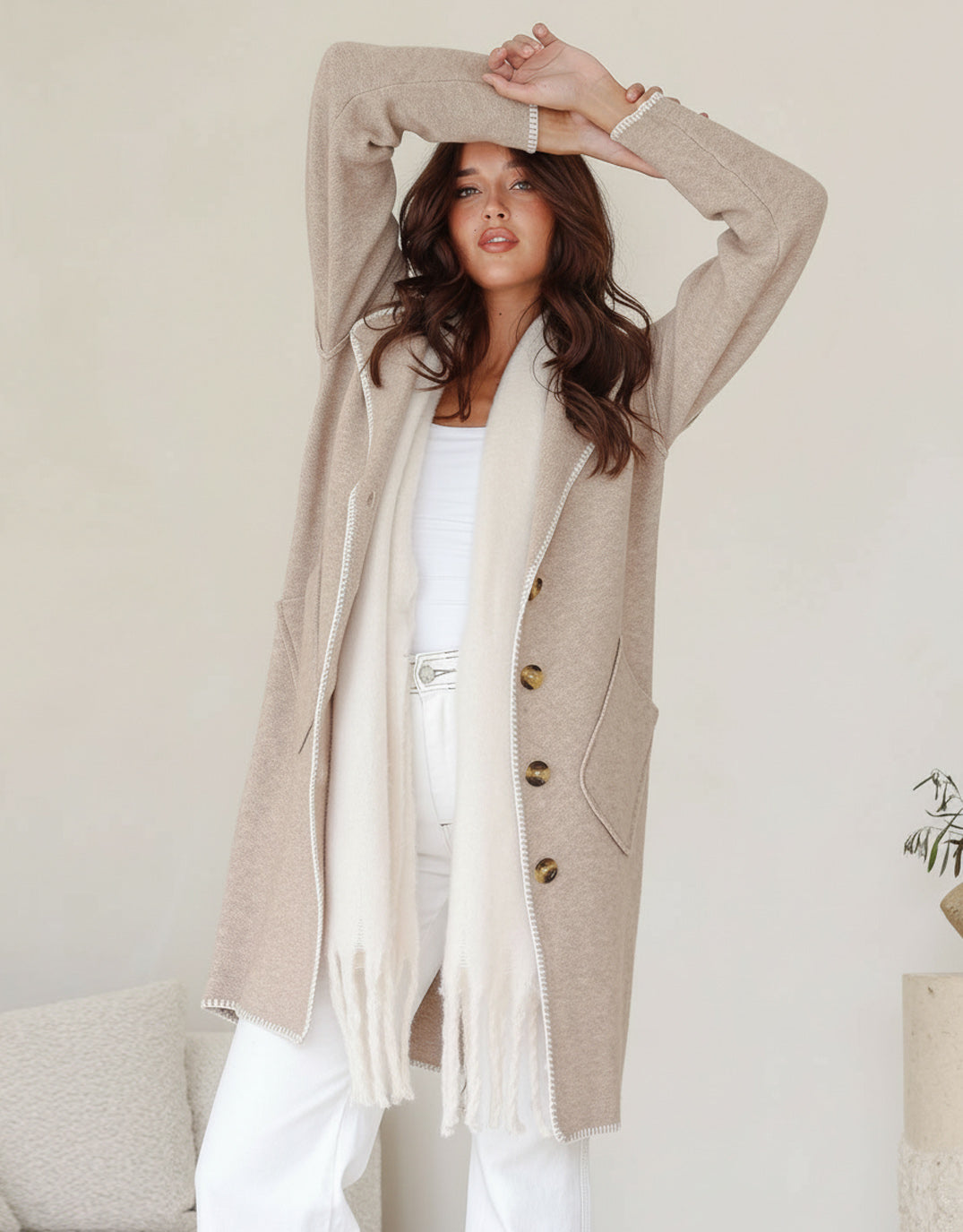 Aria Blanket Stitch Coatigan - Mocha