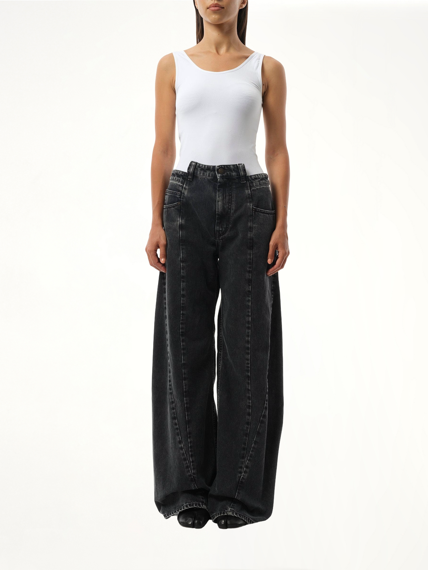 Cut Out Waistband Relaxed Fit Denim Jeans in Black