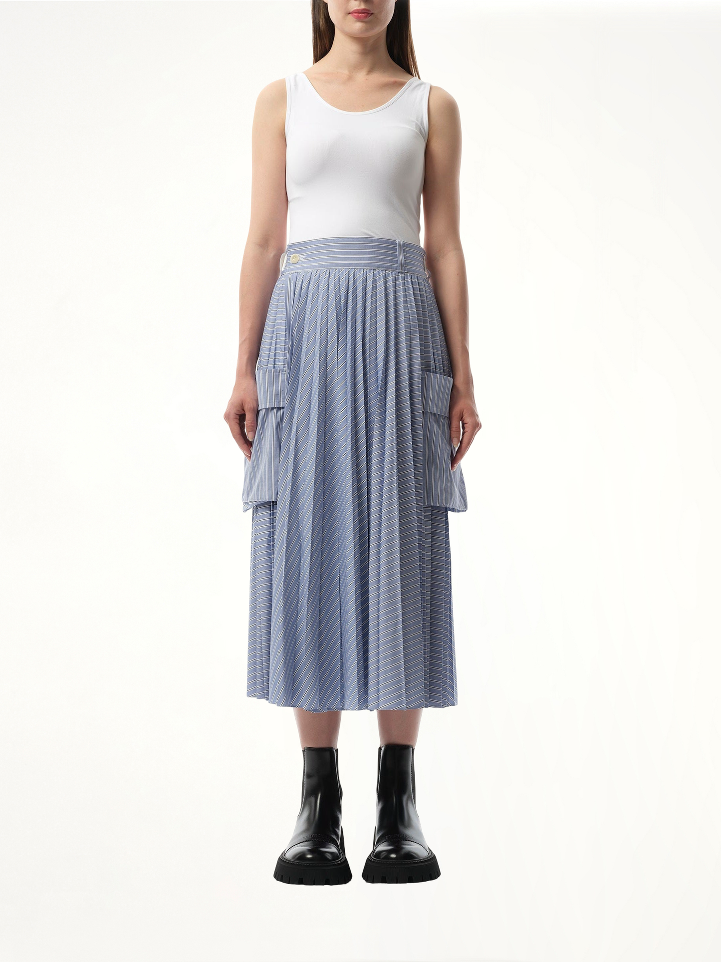 Cotton Poplin Stripe Skirt in Light Blue