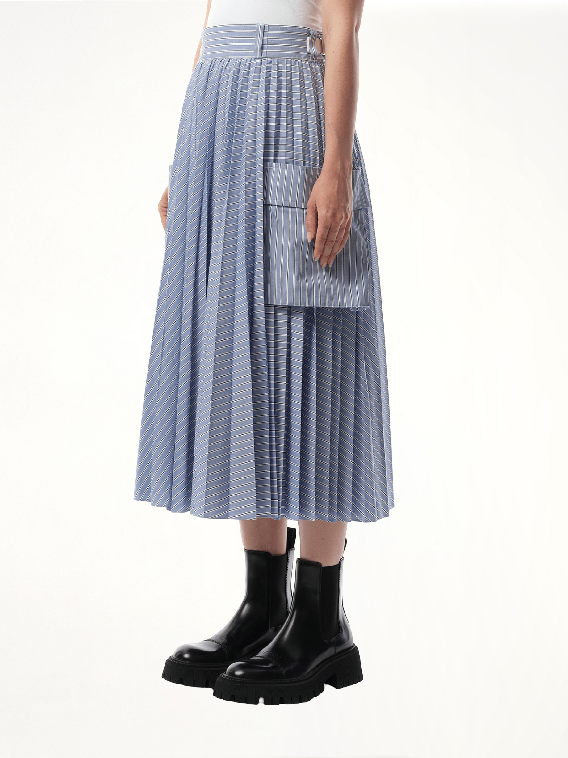 Cotton Poplin Stripe Skirt in Light Blue