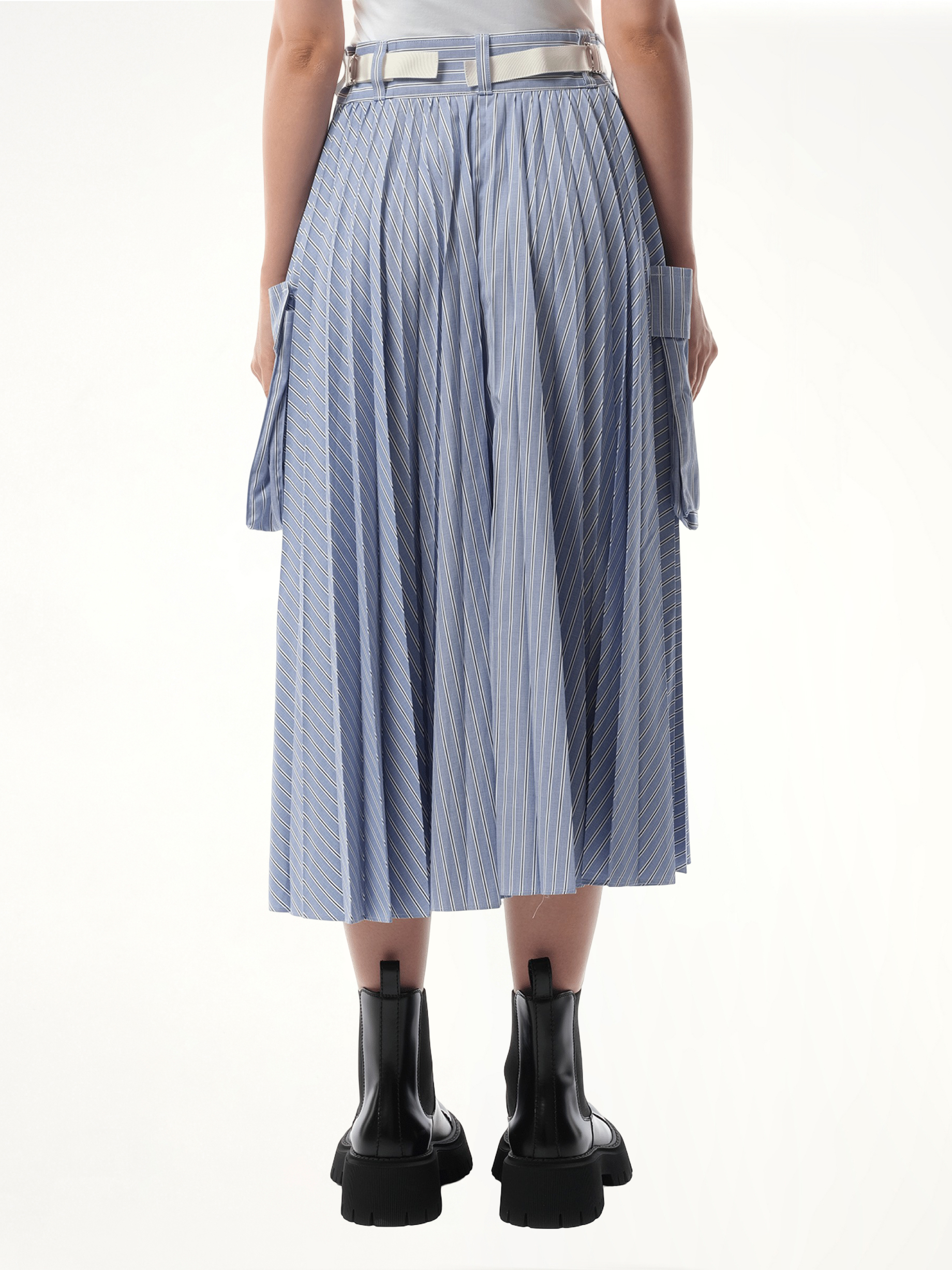 Cotton Poplin Stripe Skirt in Light Blue