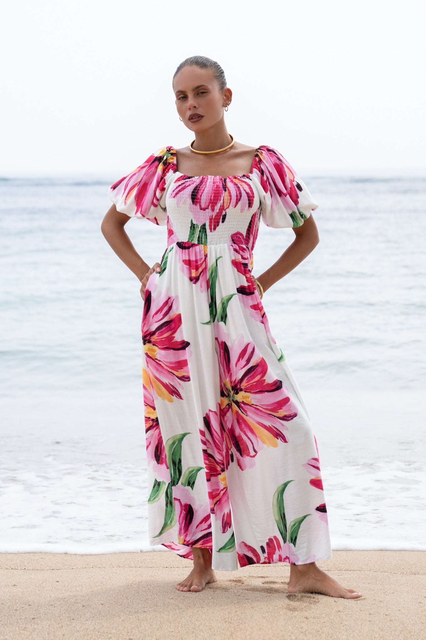 Gracie Pink Floral Puff Sleeve Jumpsuit