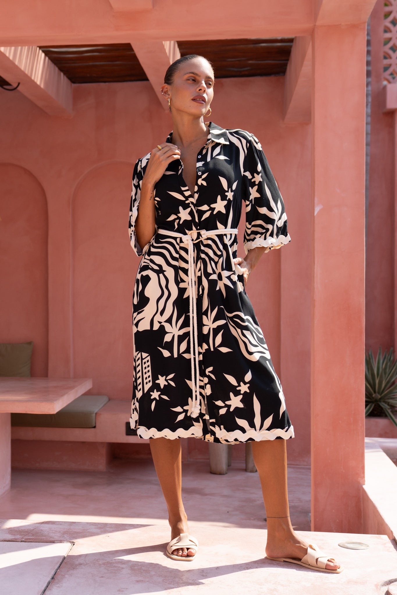 Cali Black Abstract Ric Rac Midi Dress