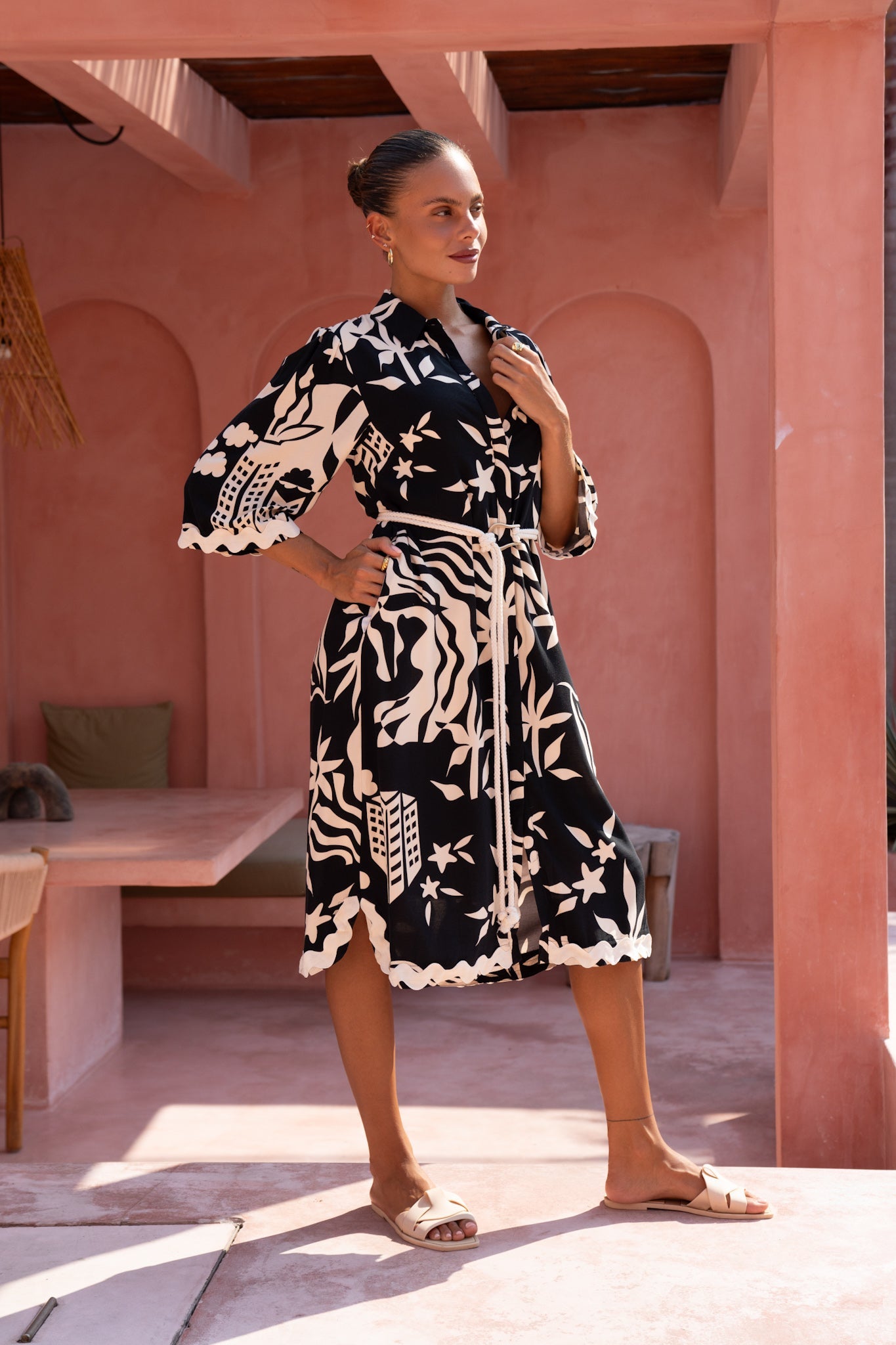 Cali Black Abstract Ric Rac Midi Dress