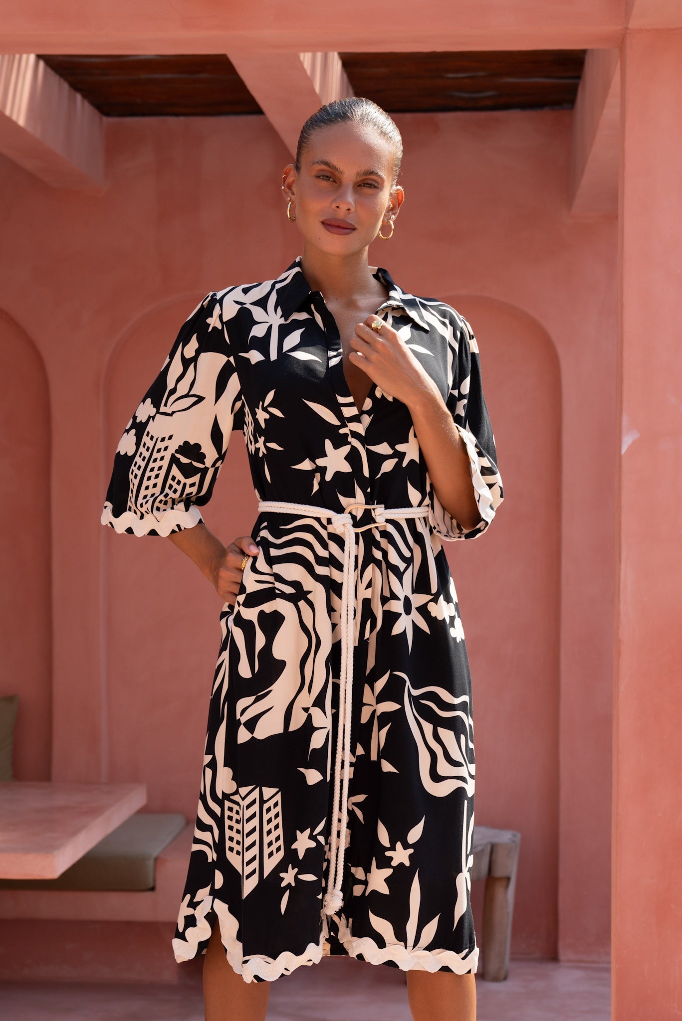 Cali Black Abstract Ric Rac Midi Dress