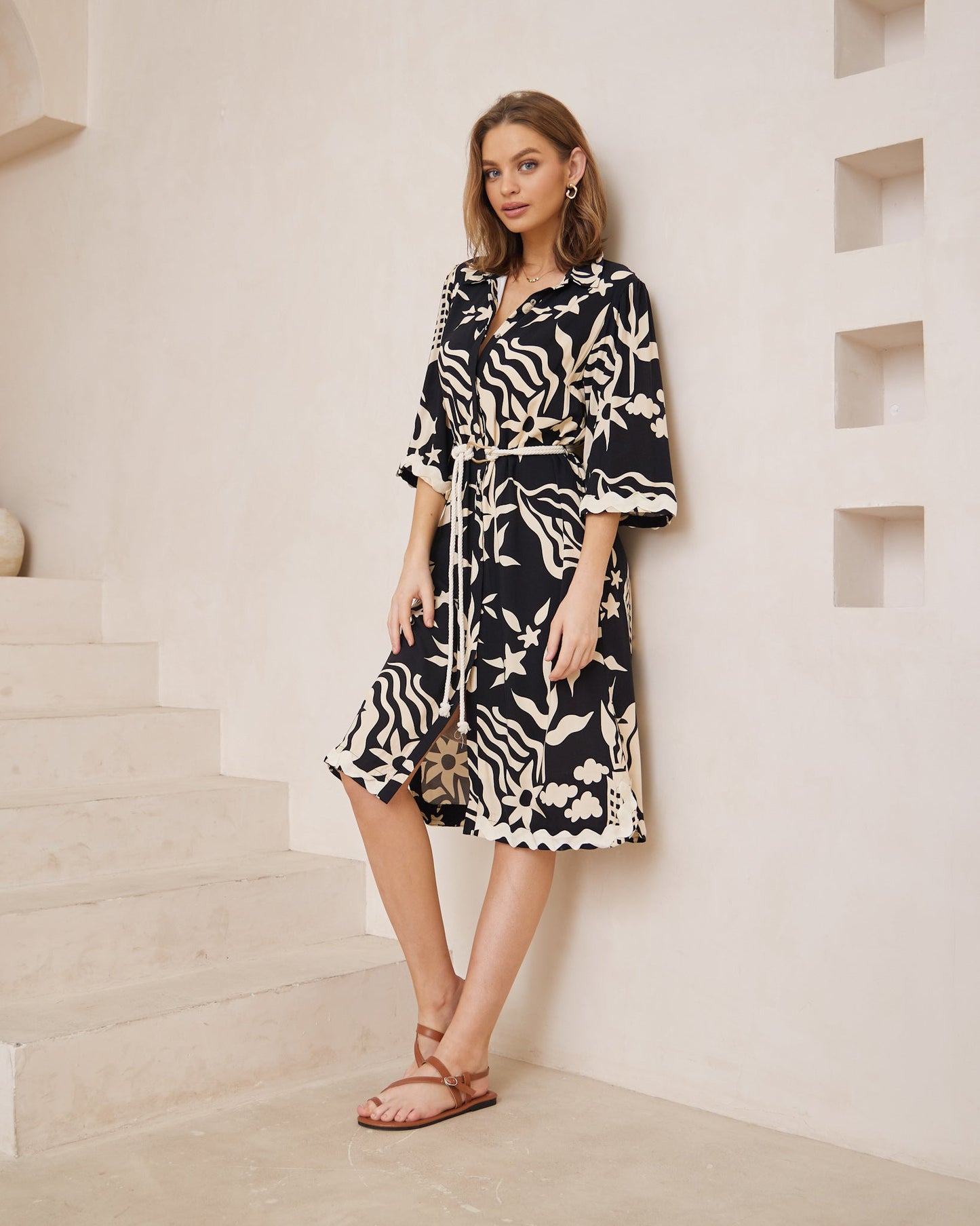 Cali Black Abstract Ric Rac Midi Dress