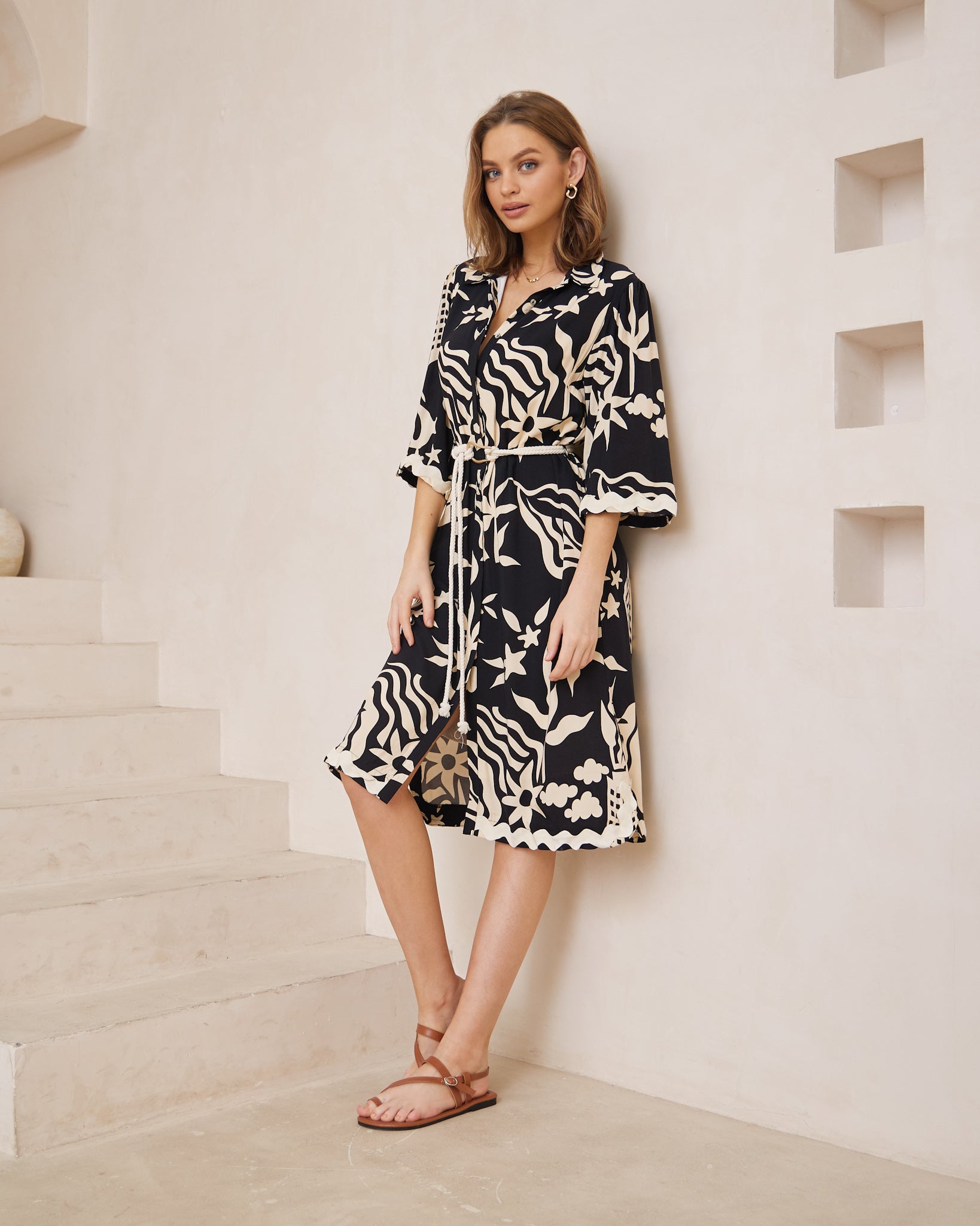 Cali Black Abstract Ric Rac Midi Dress