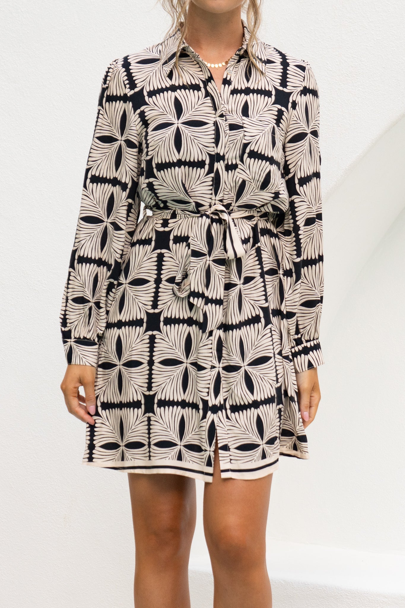 Soraya Black Beige Abstract Belted Long Sleeve Mini Dress