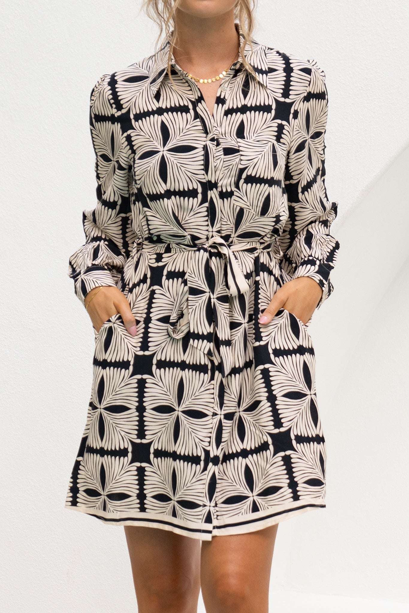 Soraya Black Beige Abstract Belted Long Sleeve Mini Dress