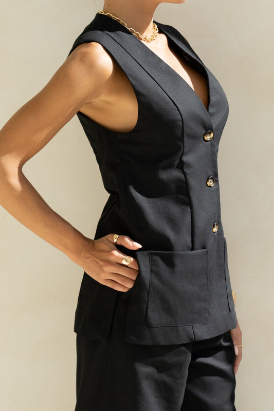 Keke Black Linen Blend Vest