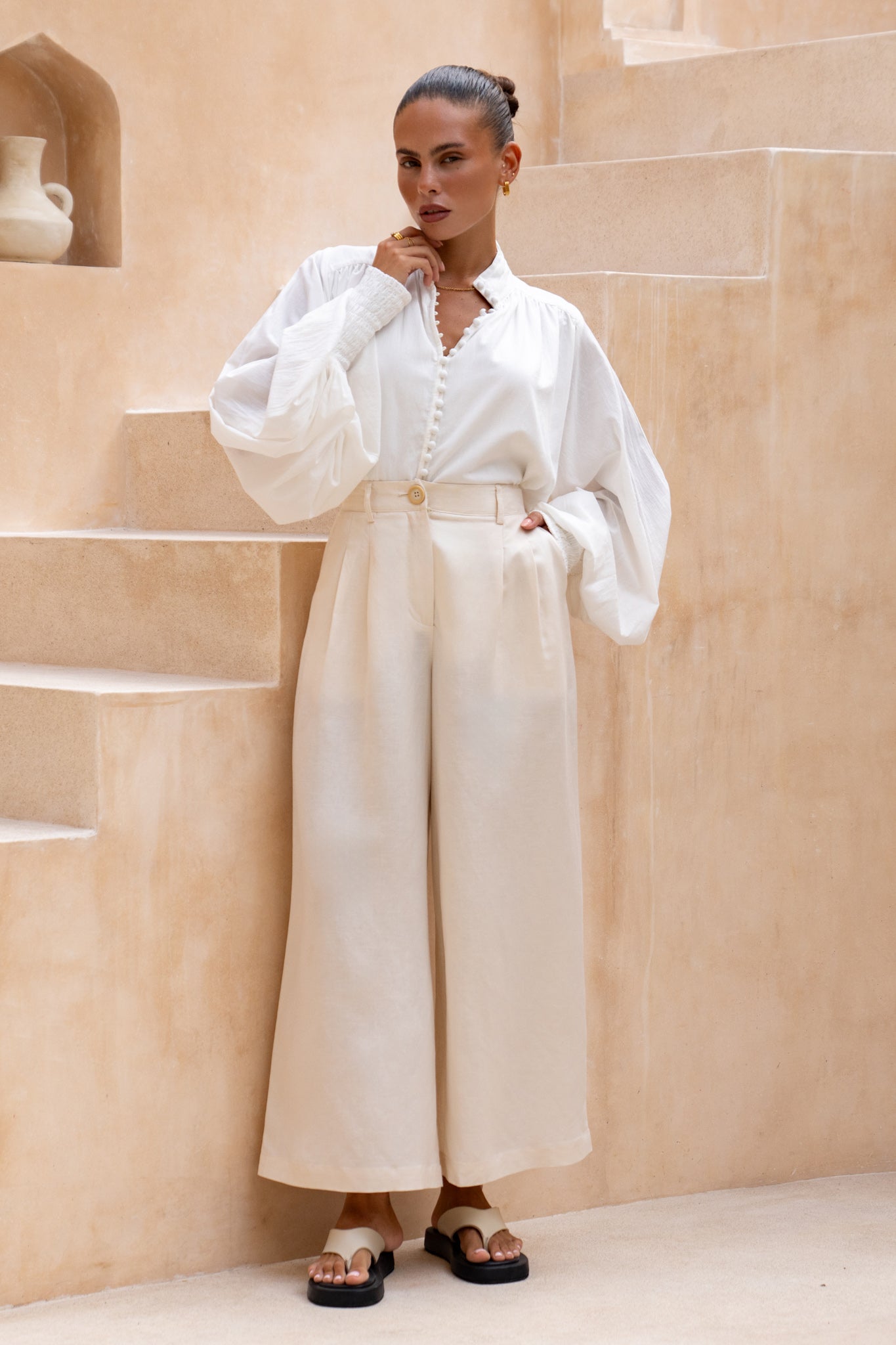 Lou Beige Wide Leg Pants