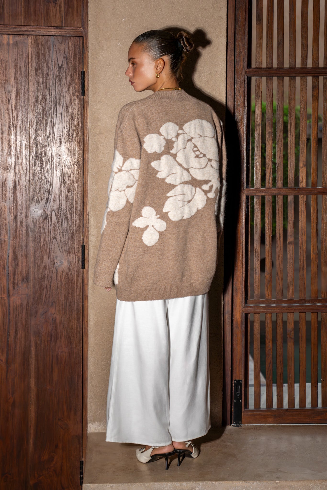 Mille Mocha Beige Floral Knit Cardigan