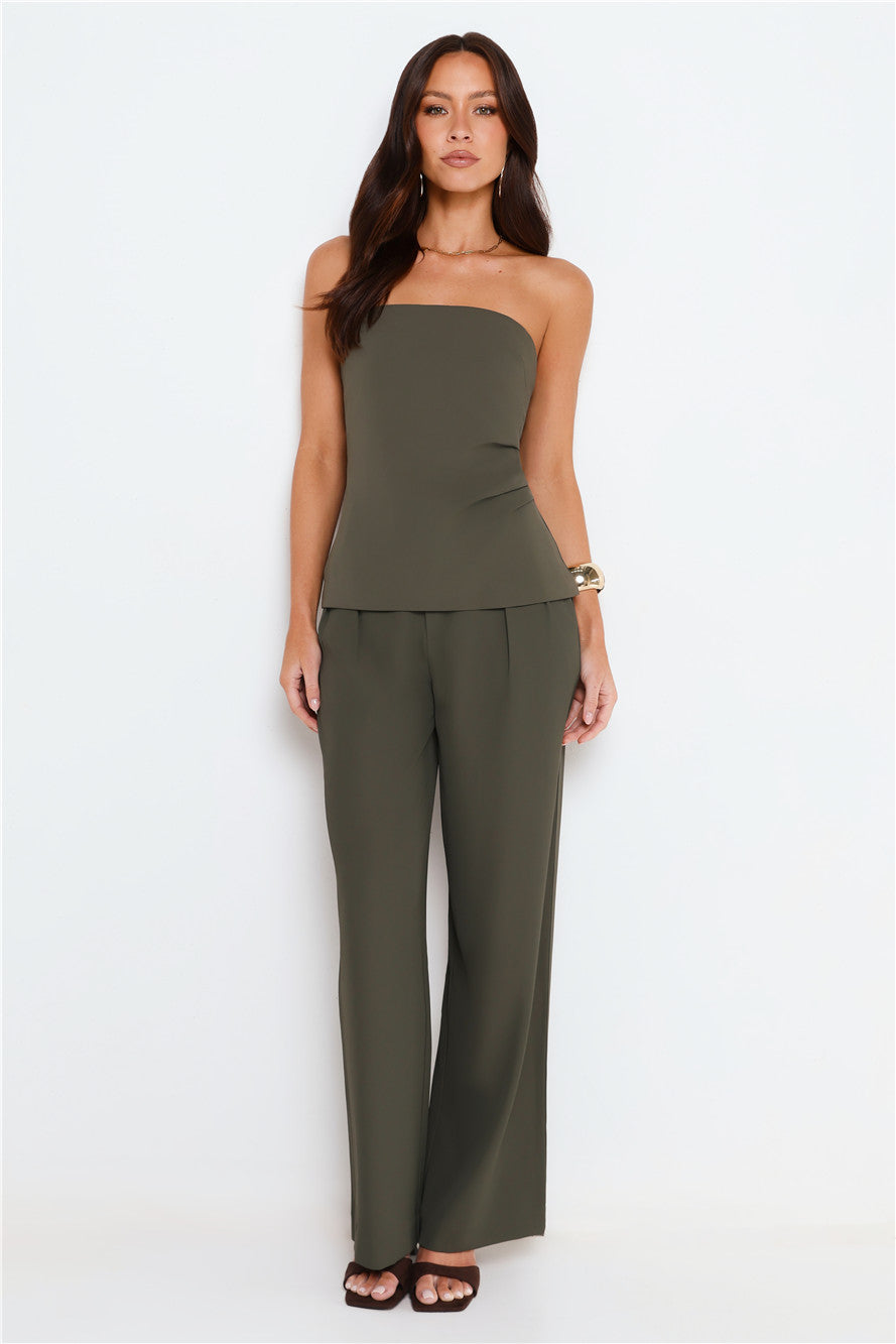 Linear Mood High Rise Straight Leg Tailored Pants Khaki