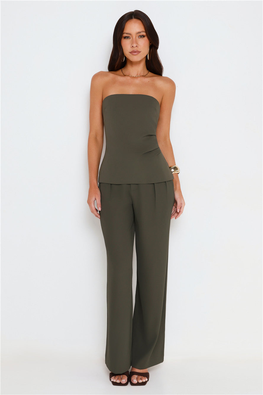 Linear Mood High Rise Straight Leg Tailored Pants Khaki
