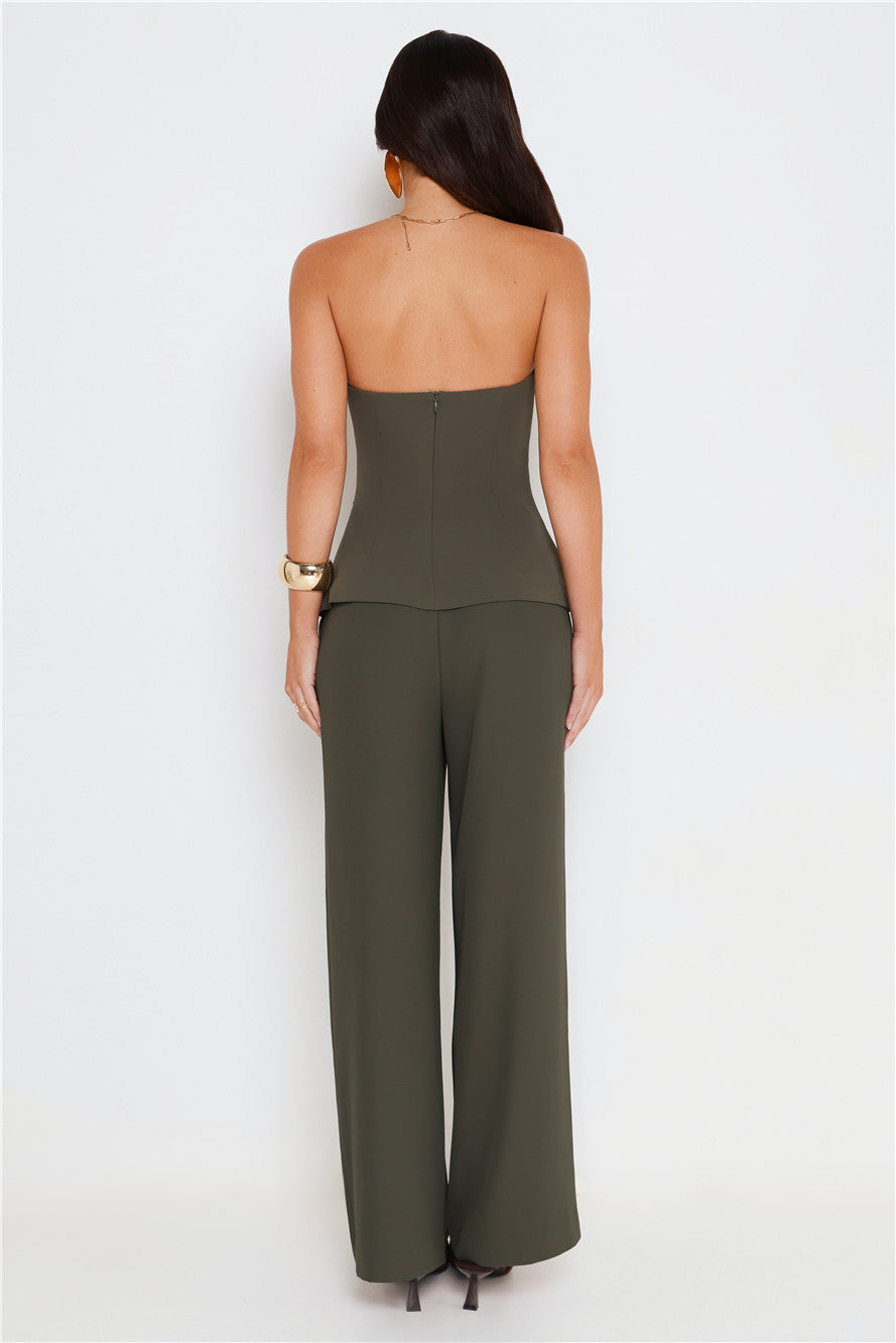Linear Mood High Rise Straight Leg Tailored Pants Khaki