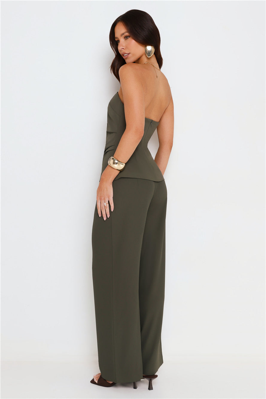 Linear Mood High Rise Straight Leg Tailored Pants Khaki