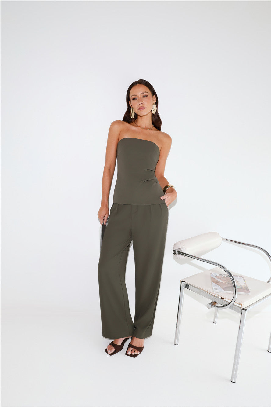 Linear Mood High Rise Straight Leg Tailored Pants Khaki
