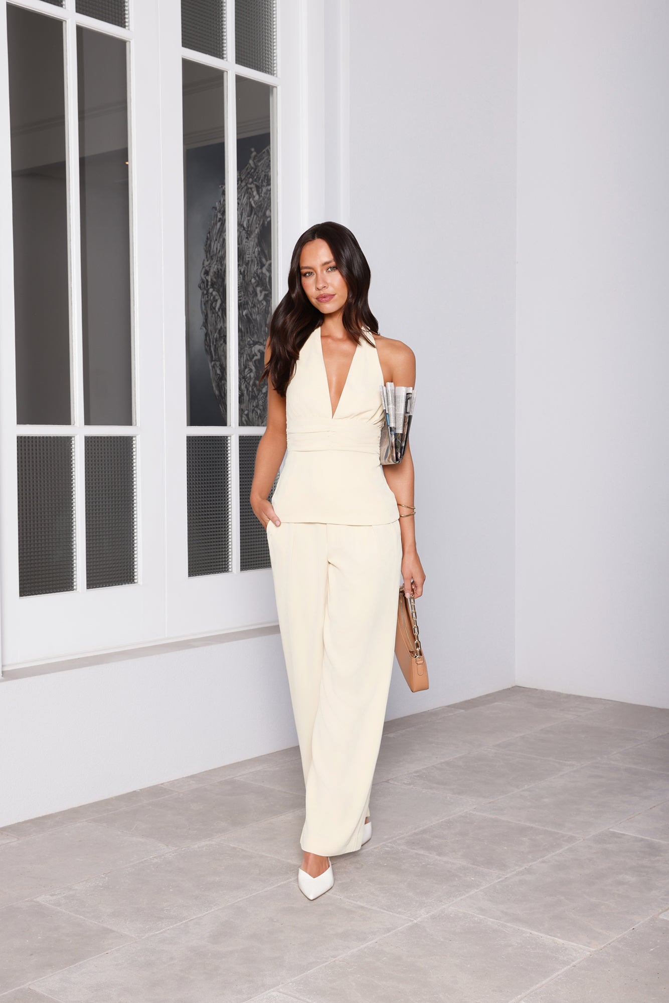Linear Mood High Rise Straight Leg Tailored Pants Lemon