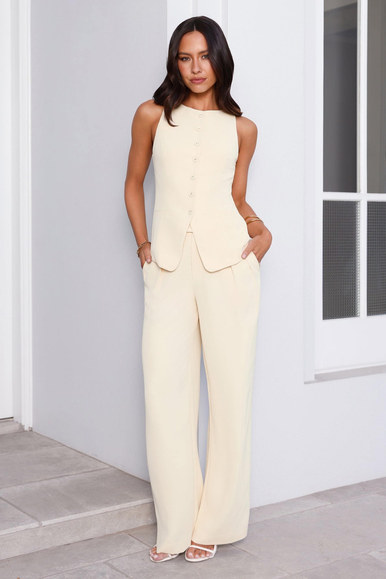 Linear Mood High Rise Straight Leg Tailored Pants Lemon