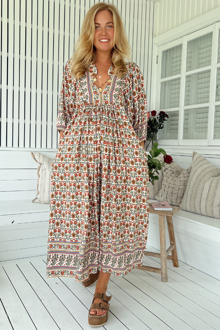 Jaase - Boheme Midi Dress: Piping Defined Bust Slimline Smock Dress In Harlowe Print