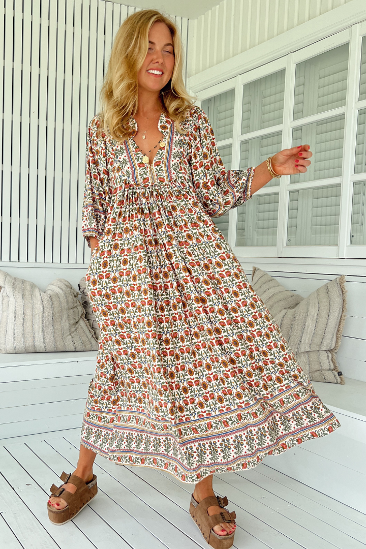 Jaase - Boheme Midi Dress: Piping Defined Bust Slimline Smock Dress In Harlowe Print