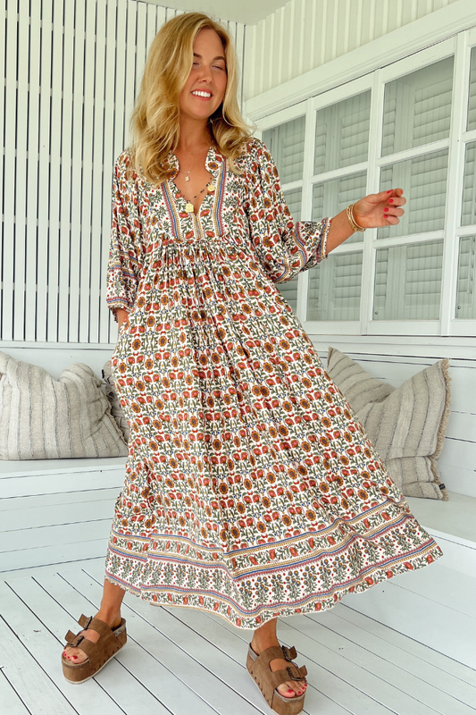 Jaase - Boheme Midi Dress: Piping Defined Bust Slimline Smock Dress In Harlowe Print