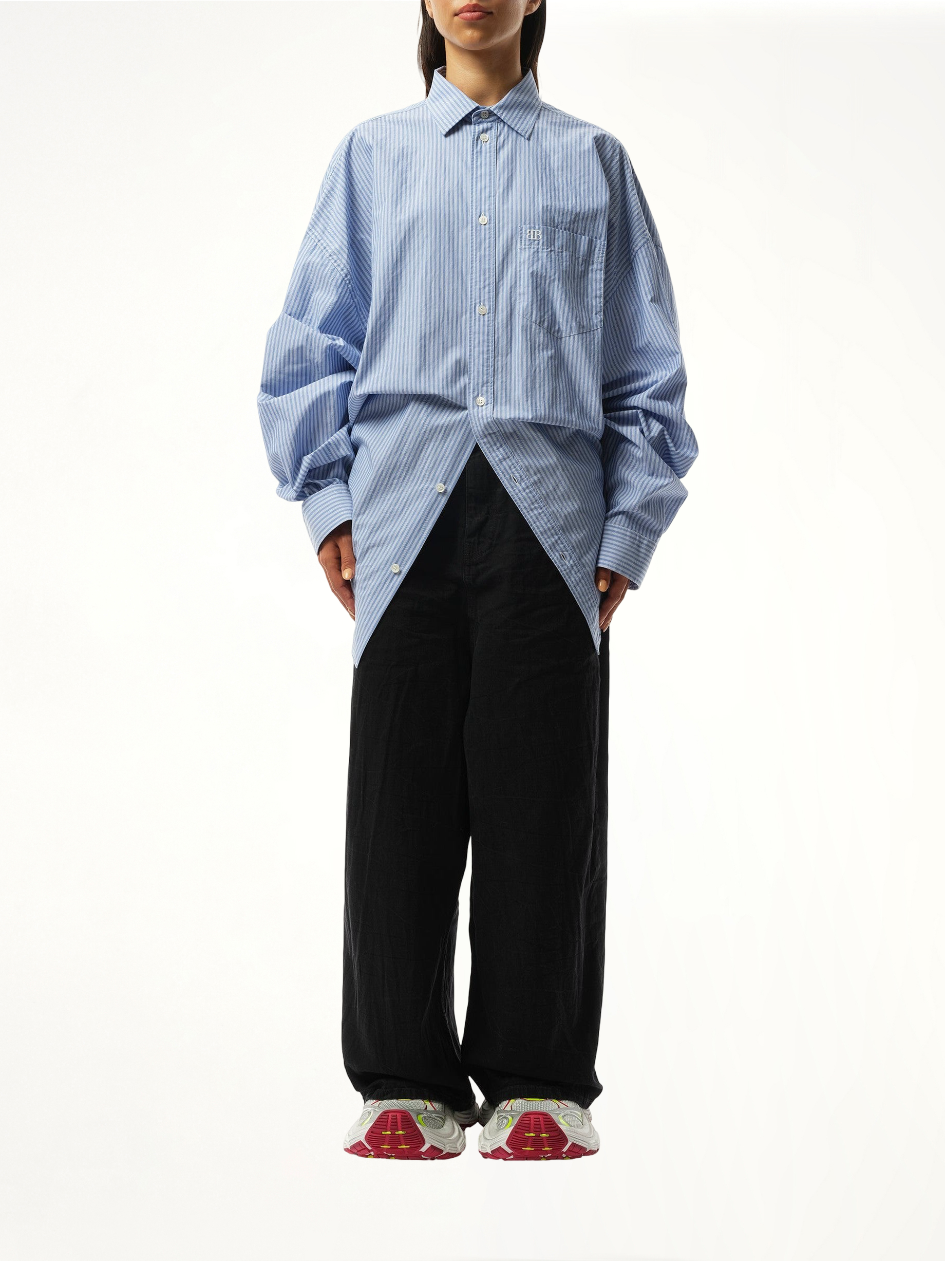 Long Sleeve Knotted Shirt in Blue/White