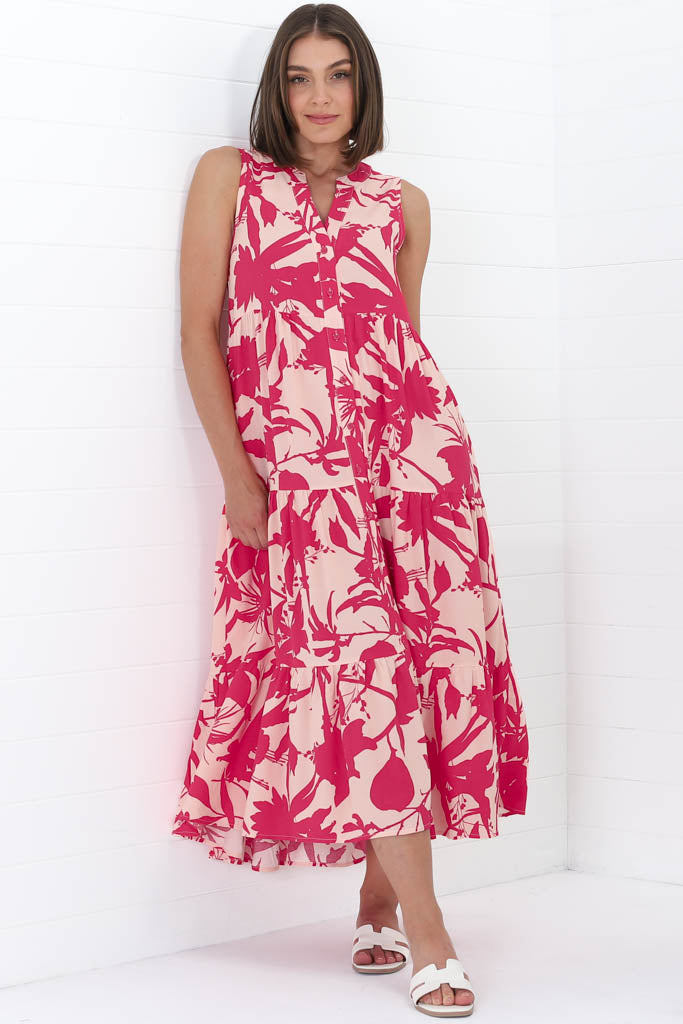 Acelle Midi Dress - Sleeveless Bermuda Collar Button Down Dress In Patty Print Pink