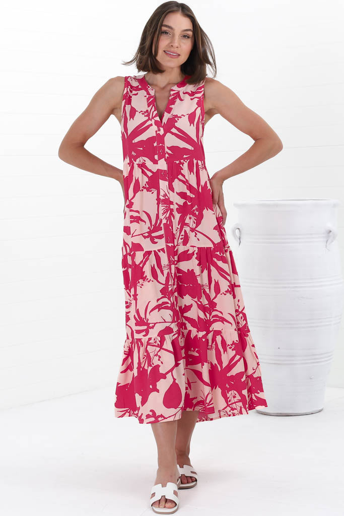 Acelle Midi Dress - Sleeveless Bermuda Collar Button Down Dress In Patty Print Pink