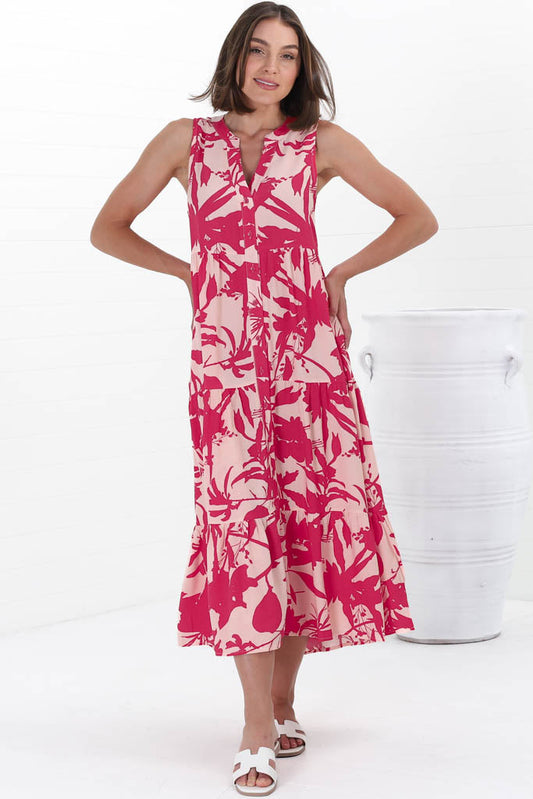 Acelle Midi Dress - Sleeveless Bermuda Collar Button Down Dress In Patty Print Pink