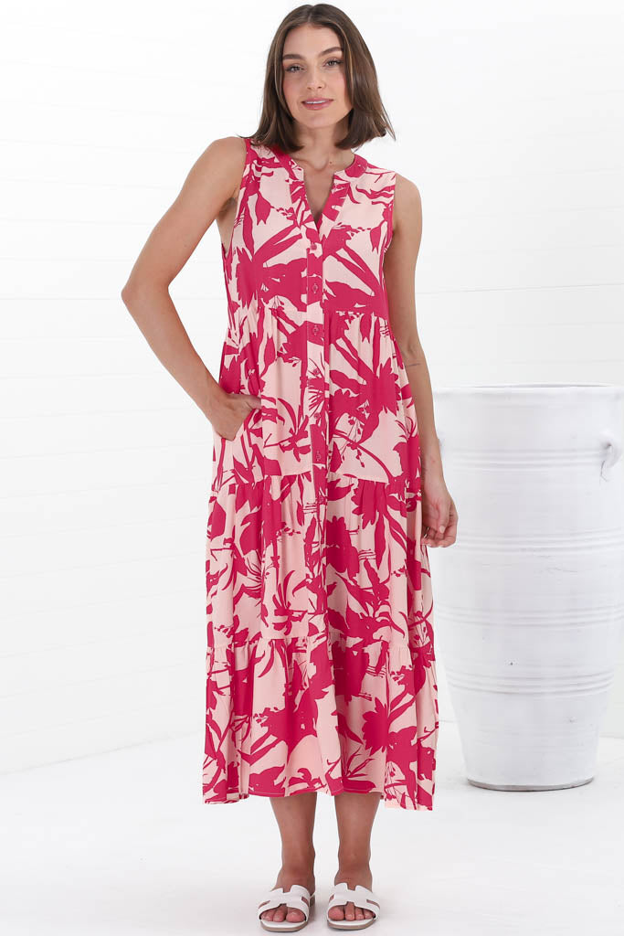 Acelle Midi Dress - Sleeveless Bermuda Collar Button Down Dress In Patty Print Pink