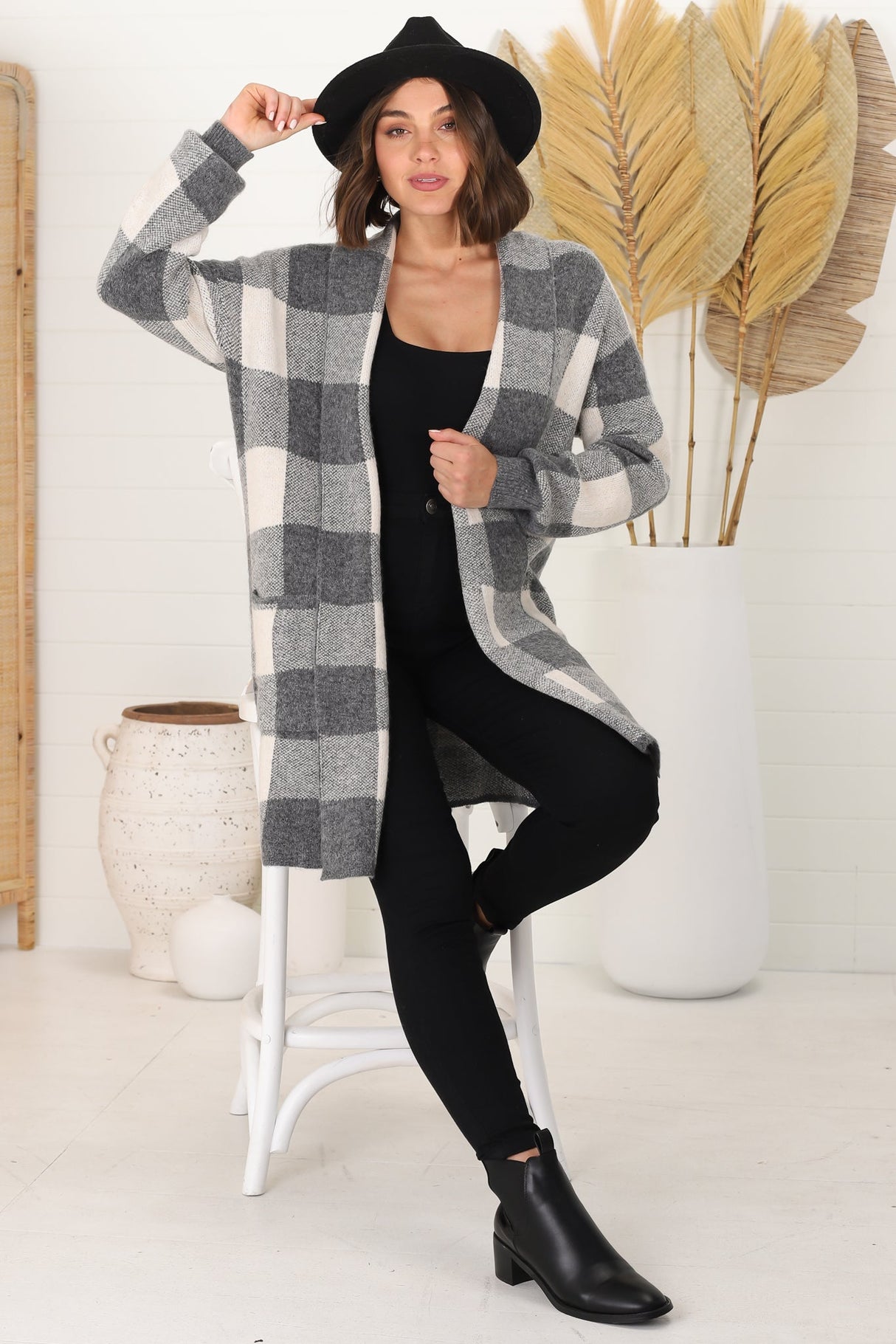 Adelen Cardigan - Folded Center Front Checkered Cardigan In Grey