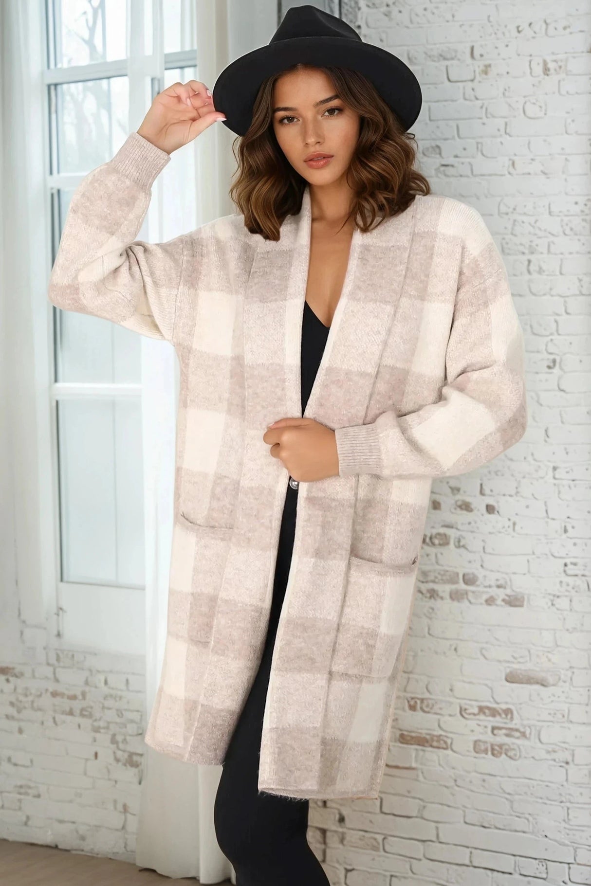 Adelen Cardigan - Folded Center Front Checkered Cardigan In Sand