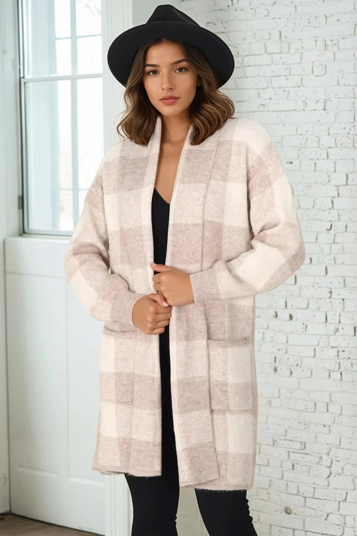 Adelen Cardigan - Folded Center Front Checkered Cardigan In Sand