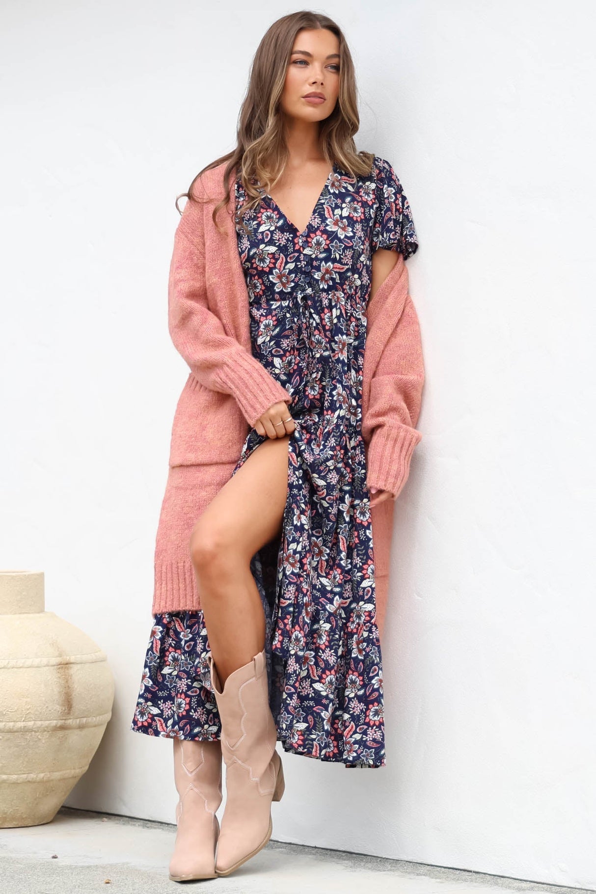 Adhira Maxi Dress - Buttoned Bodice A Line Dress With Flute Sleeves In Marla Print Navy