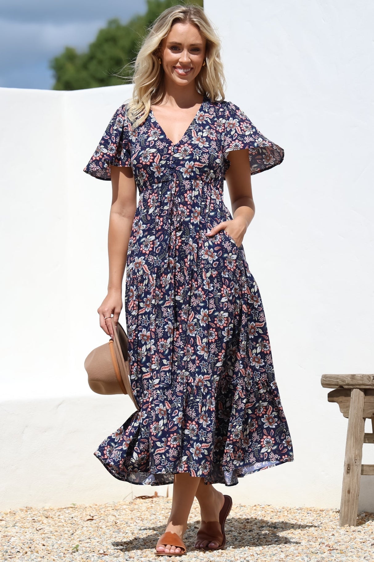 Adhira Maxi Dress - Buttoned Bodice A Line Dress With Flute Sleeves In Marla Print Navy