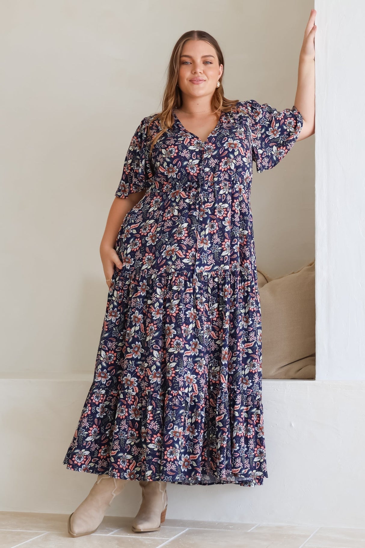 Adhira Maxi Dress - Buttoned Bodice A Line Dress With Flute Sleeves In Marla Print Navy